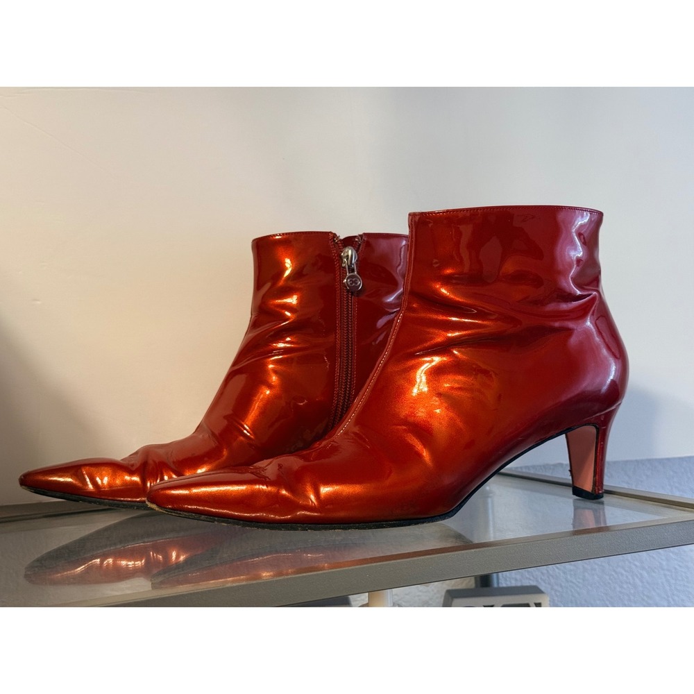 Rare Vintage Escada Metallic‎ Red Patent Leather Pointed Toe Boots Italy Size 40